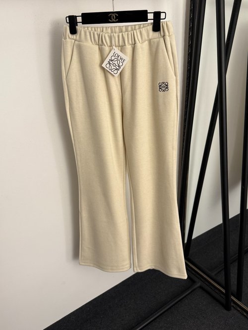 Loewe Casual Flared Trousers with Logo Embroidery on Back and Leather Patch Pocket, Elastic Waist