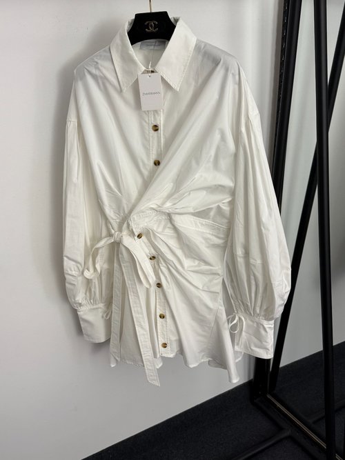 Zimmermann Irregular Button Bow Tie Waist Khaki Shirt Dress