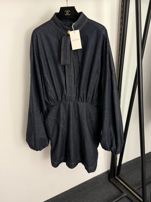 Zimmermann Back-Zip Collared Batwing Sleeve Blue Denim Dress