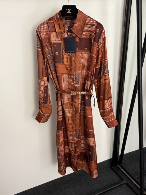 Louis Vuitton Monogram Print Shirt Collar Waist-Defining Silk Dress with Belt in Brown