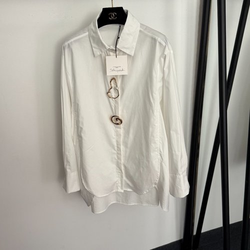Schiaparelli Asymmetric Metal Button Decorated Long-Sleeved Shirt in White, Brown and Black