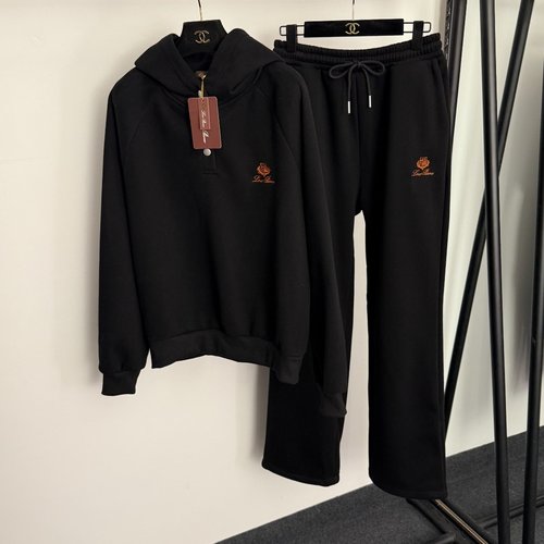Loro Piana Logo Embroidered Fleece-Lined Sports Suit with Hoodie and Loose Trousers