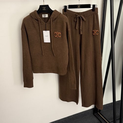 Celine Arch Logo Embroidered Knit Outfit with Hoodie and High-Waisted Trousers