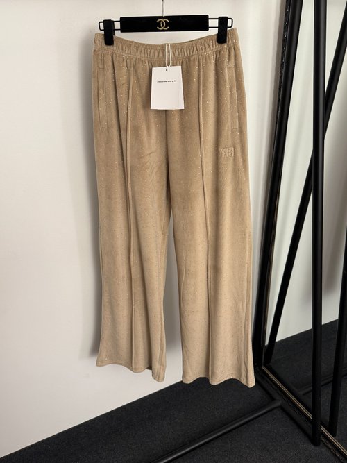 Alexander Wang Shining Rhinestone Velvet Drawstring Pants in Khaki