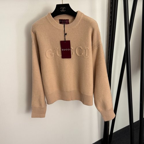 Gucci Khaki and Red Wool Blend Logo Embroidery Pullover