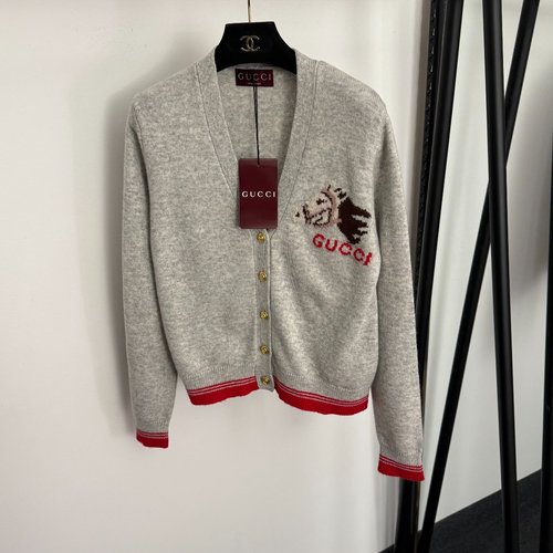 Gucci GG Gold Button V-Neck Wool Knit Cardigan