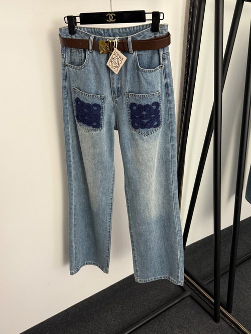 Loewe Blue Towel Velvet Logo Embroidery Pocket Washed Denim Jeans with Belt