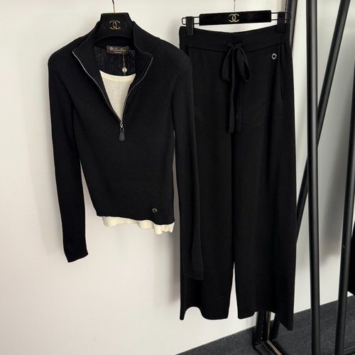 Loro Piana Knit Suit with Metal Rings, Two-Tone Top and High-Waisted Pants in Various Colors