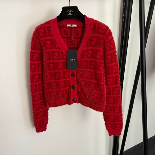 Fendi Red and Brown F Letter Jacquard V-Neck Cardigan