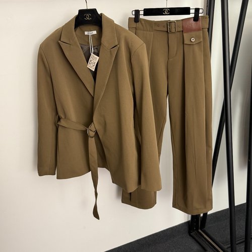 Loewe Belted Long Sleeve Suit Jacket with High-Waist Trousers