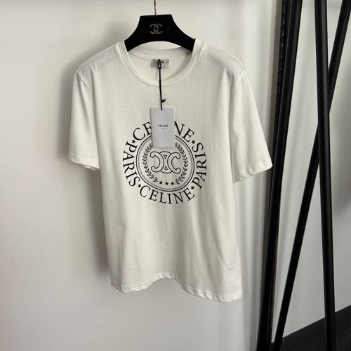 Celine White Cotton Short Sleeve T-Shirt with Logo Letter Circle Print