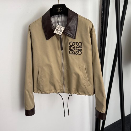 Loewe Khaki and Black Leather Logo Embroidery Zip-Up Windbreaker