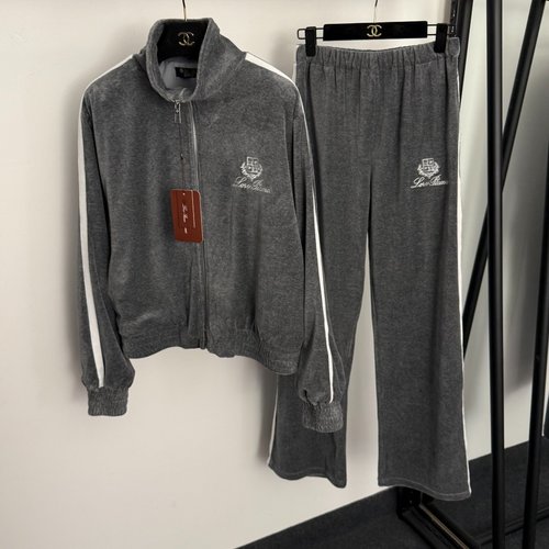 Loro Piana Gray Logo Embroidery Velvet Set with Trousers