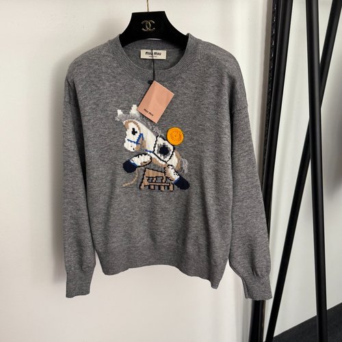 Miu Miu Cute Pony Embroidery Long-Sleeve Wool Blend Pullover