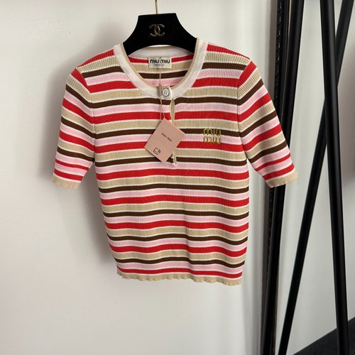 Miu Miu Embroidered Striped Red Logo Short-Sleeve Knit Top