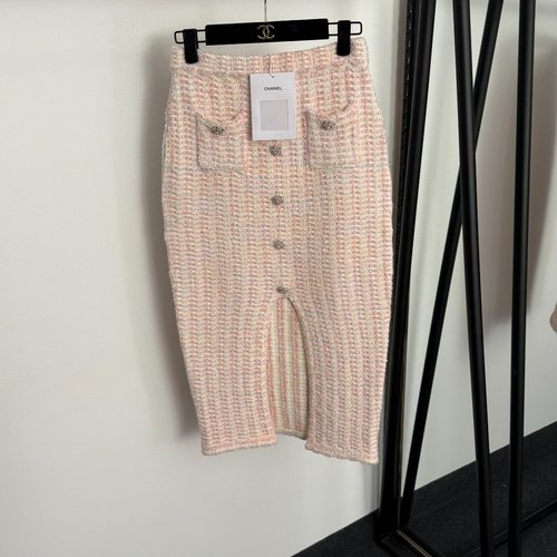 Chanel Embellished Button Tweed High-waist Slit Knit Skirt