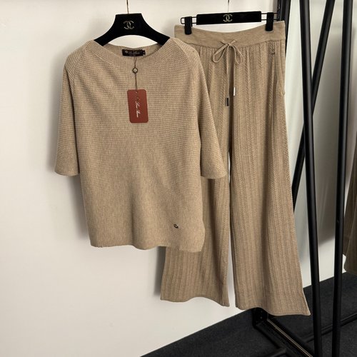 Loro Piana Metal Circle Decorated Knit Set with Wide-Leg Pants