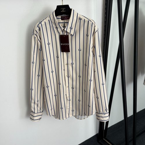 Gucci GG Letter Striped Apricot Collared Long-Sleeve Shirt
