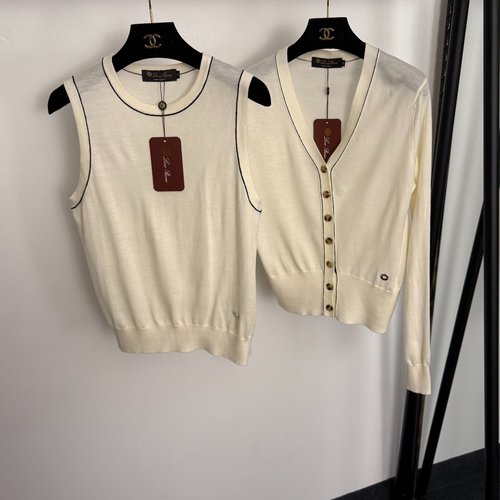 Loro Piana LP Series Metal Ring Decorated Tencel Cardigan & Vest Set, Apricot & Black