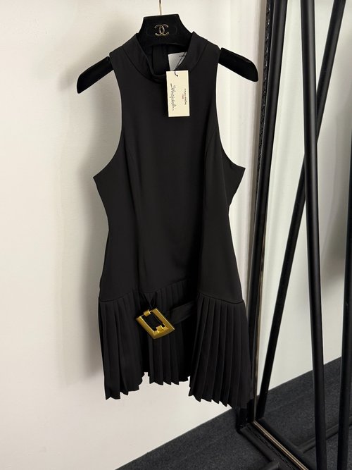 Schiaparelli Metal - Buttoned Pleated Hem Vest Dress with Collar & Waist