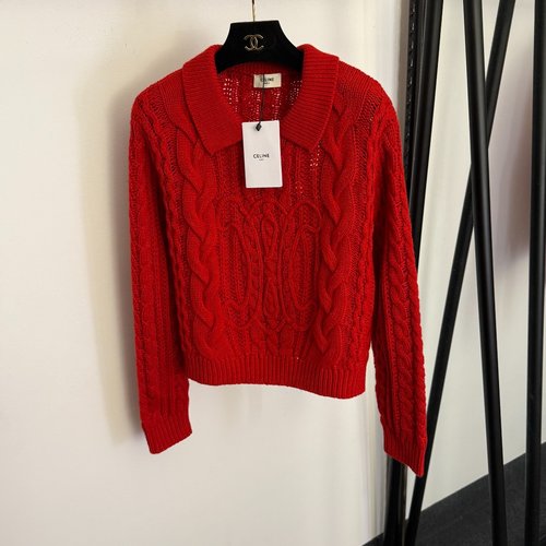 Celine Red Logo-Embroidered Polo Collar Wool Knit Top