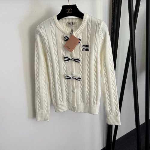 Miu Miu Logo-Embroidered Bowknot Wool-Blend Long-Sleeve Cable Knit Cardigan in Two Colors