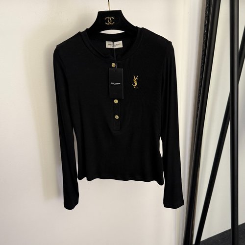Yves Saint Laurent Embroidered Half-Open Long-Sleeve T-Shirt in Black