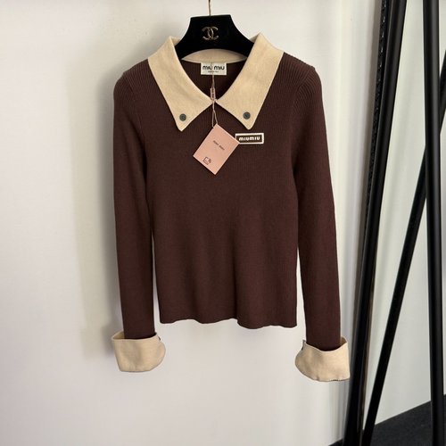 Miu Miu Color-Blocked Collared Long-Sleeve Knit Pullover