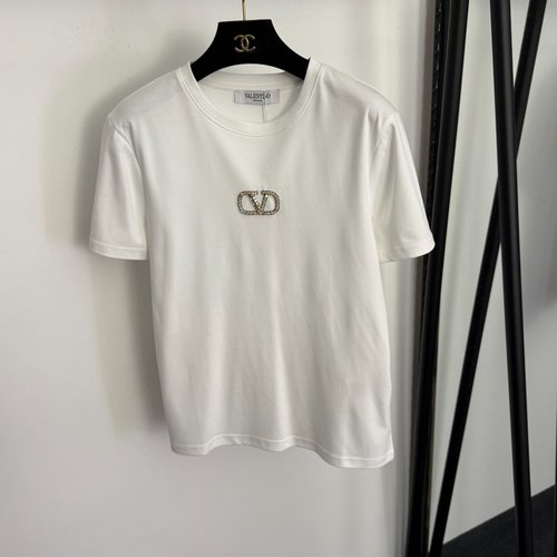 Valentino Rhinestone V-letter Printed Cotton Short Sleeve T-shirt