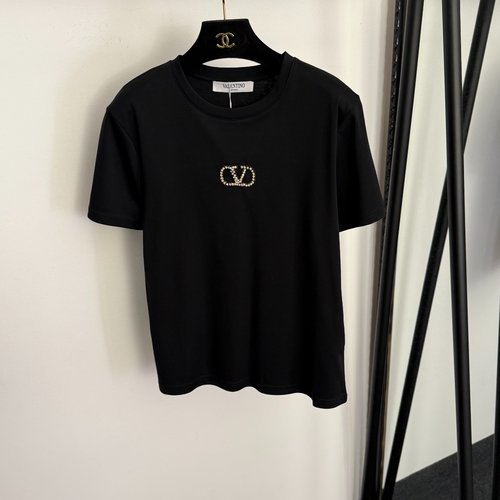 Valentino Rhinestone V-letter Printed Cotton Short Sleeve T-shirt