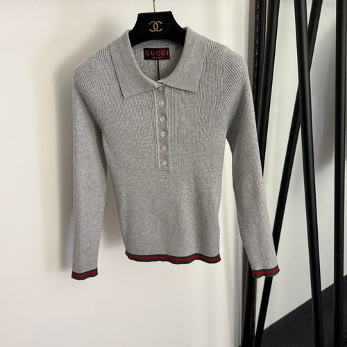Gucci Color-Blocked Striped Polo-Collar Wool Knit Top