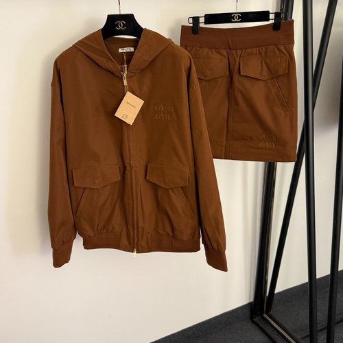 Miu Miu Brown Letter Logo Embroidered Patch Hooded Coat and Skirt Set