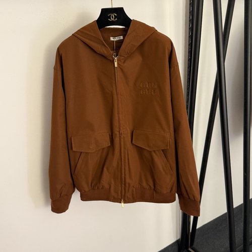 Miu Miu Letter Logo Embroidered Patch Brown Long Sleeve Hooded Coat