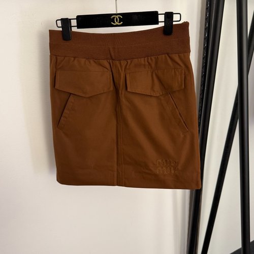 Miu Miu Letter Logo Embroidered Coffee High-Waist Short Skirt