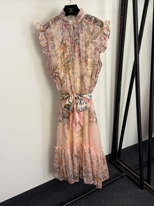 Zimmermann Elegant Pink Floral Print Sash-Waist Maxi Dress