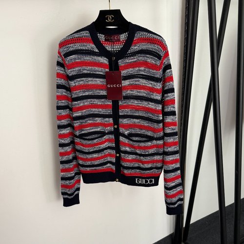 Gucci GG Buttoned Red Color-blocked Striped Knit Cardigan