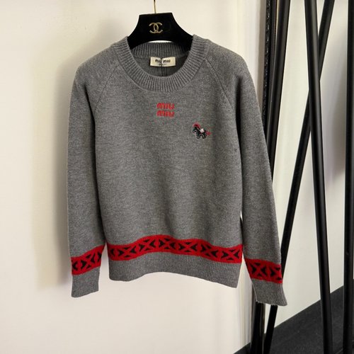 Miu Miu Cute Pony Logo-embroidered Long-sleeved Wool Knit Pullover