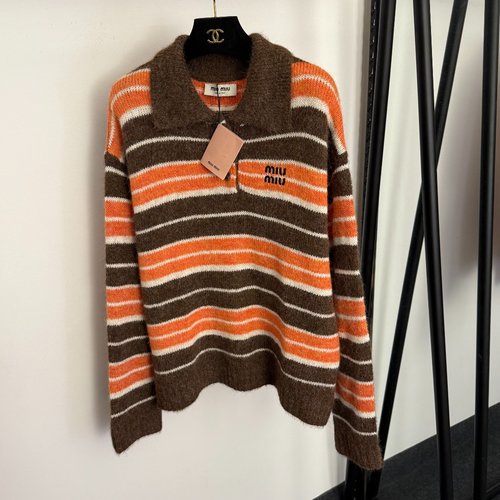 Miu Miu Logo-embroidered Polo Collar Striped Wool Mohair Pullover