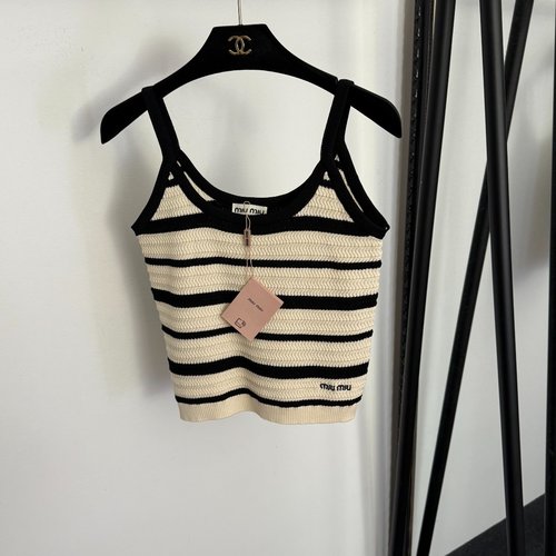 Miu Miu Apricot Logo Embroidery Striped Knit Sling Vest