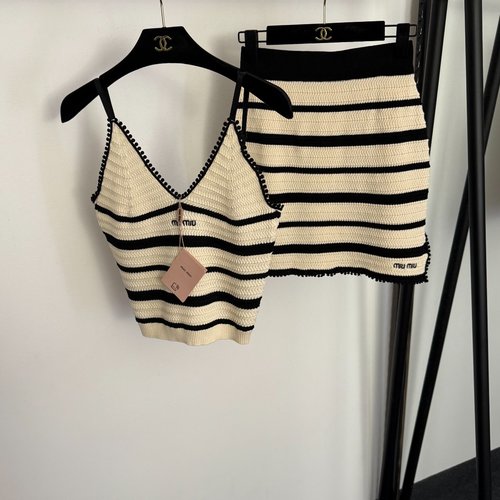 Miu Miu Striped Knitted Tank Top and Skirt Set with Logo Embroidery