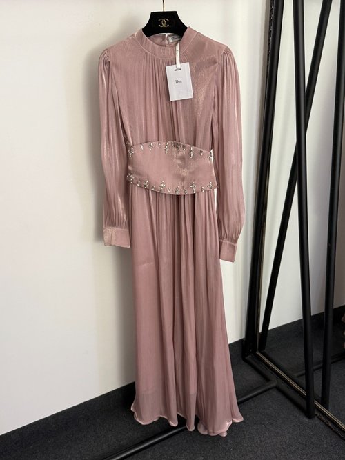 Dior Luxurious Diamond-Studded Belt Silk Blend Long Sleeve Dress