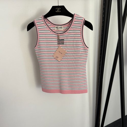 Miu Miu Striped Knitted Vest with Studded Logo in Vibrant Pink and Yellow