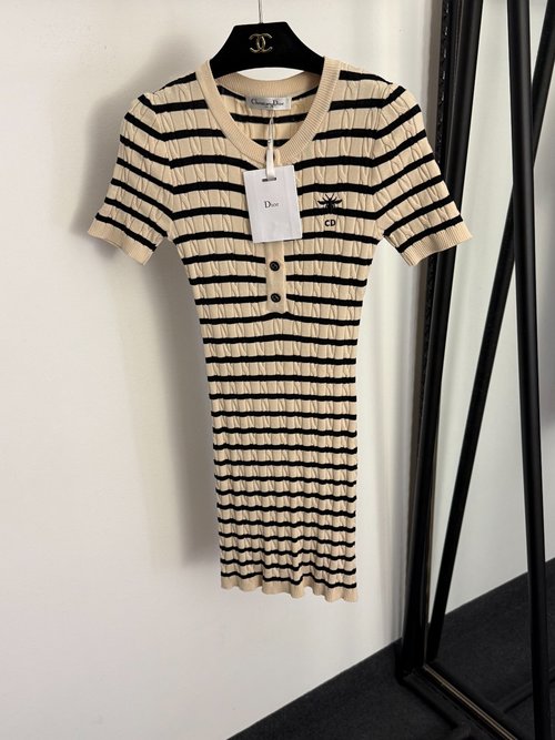 Dior Striped Knit Short Sleeve Dress with CD Bee Embroidery in Versatile Colors