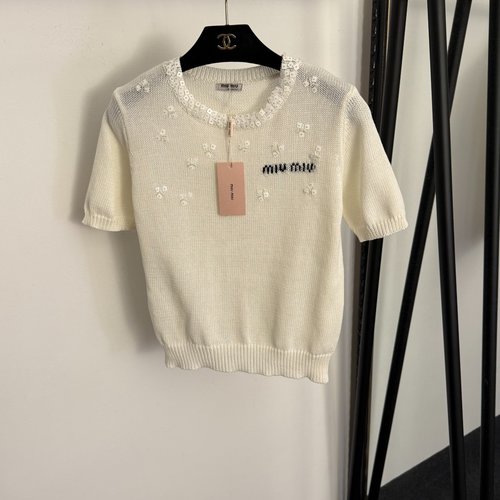 Miu Miu Round Collar Sequined Beaded Knit Top with Logo Letter in Neutral Beige, Pink, Black