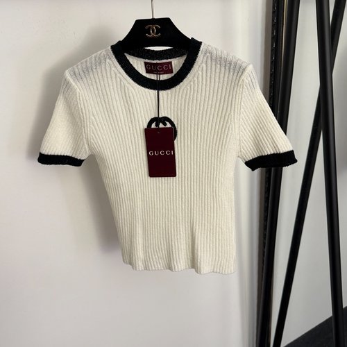 Gucci New GG Embroidered Slim Knit Top in White, Pink, Black