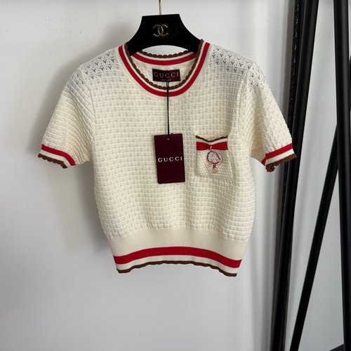 Gucci Beige and Navy Blue Short-Sleeved Knit Top with GG Embroidery and Pocket