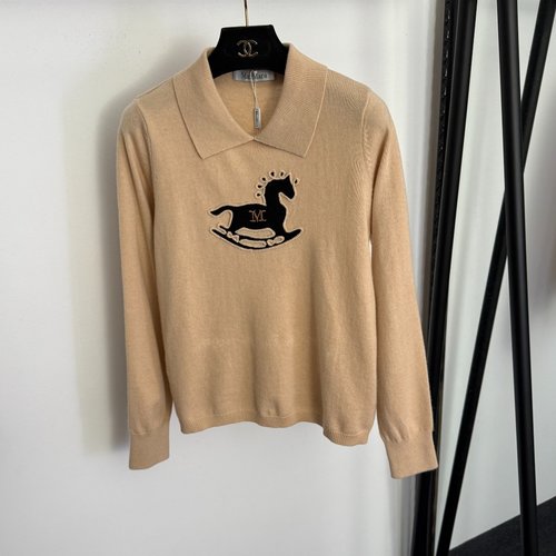 Max Mara Wood Horse Embroidery Collared Pullover Wool Sweater