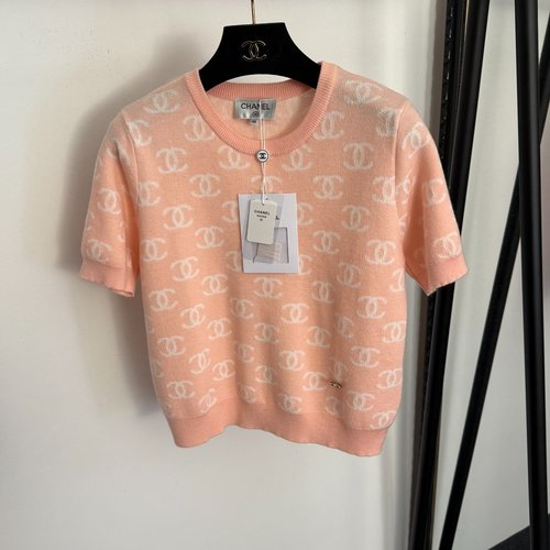 Chanel Tweed Logo Short-Sleeve Wool Knit Top in Pink