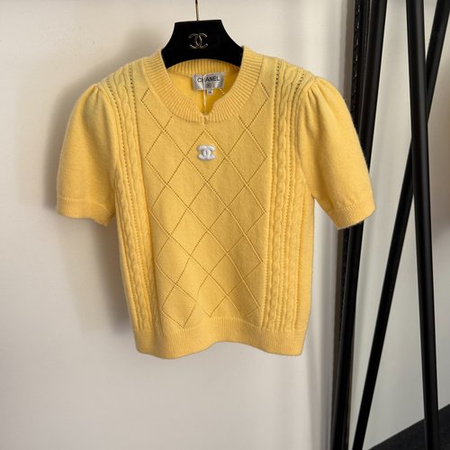 Chanel Yellow Short-Sleeve Wool Knit Top with Logo Embroidery Patch