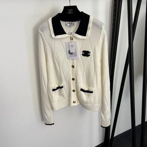 Chanel Tweed Logo Embroidery Lapel Long-Sleeve Wool Knit Cardigan